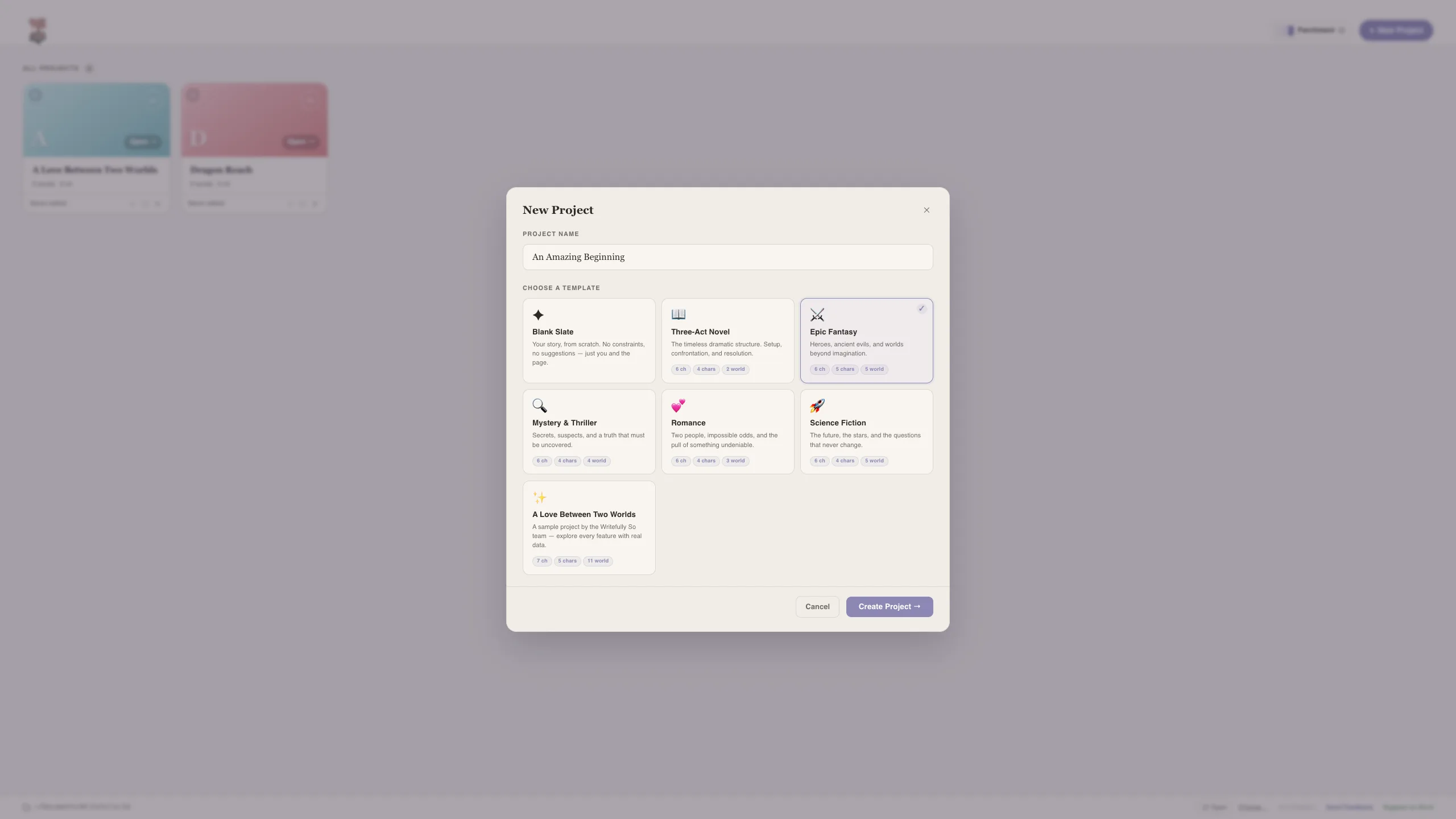 The create project modal