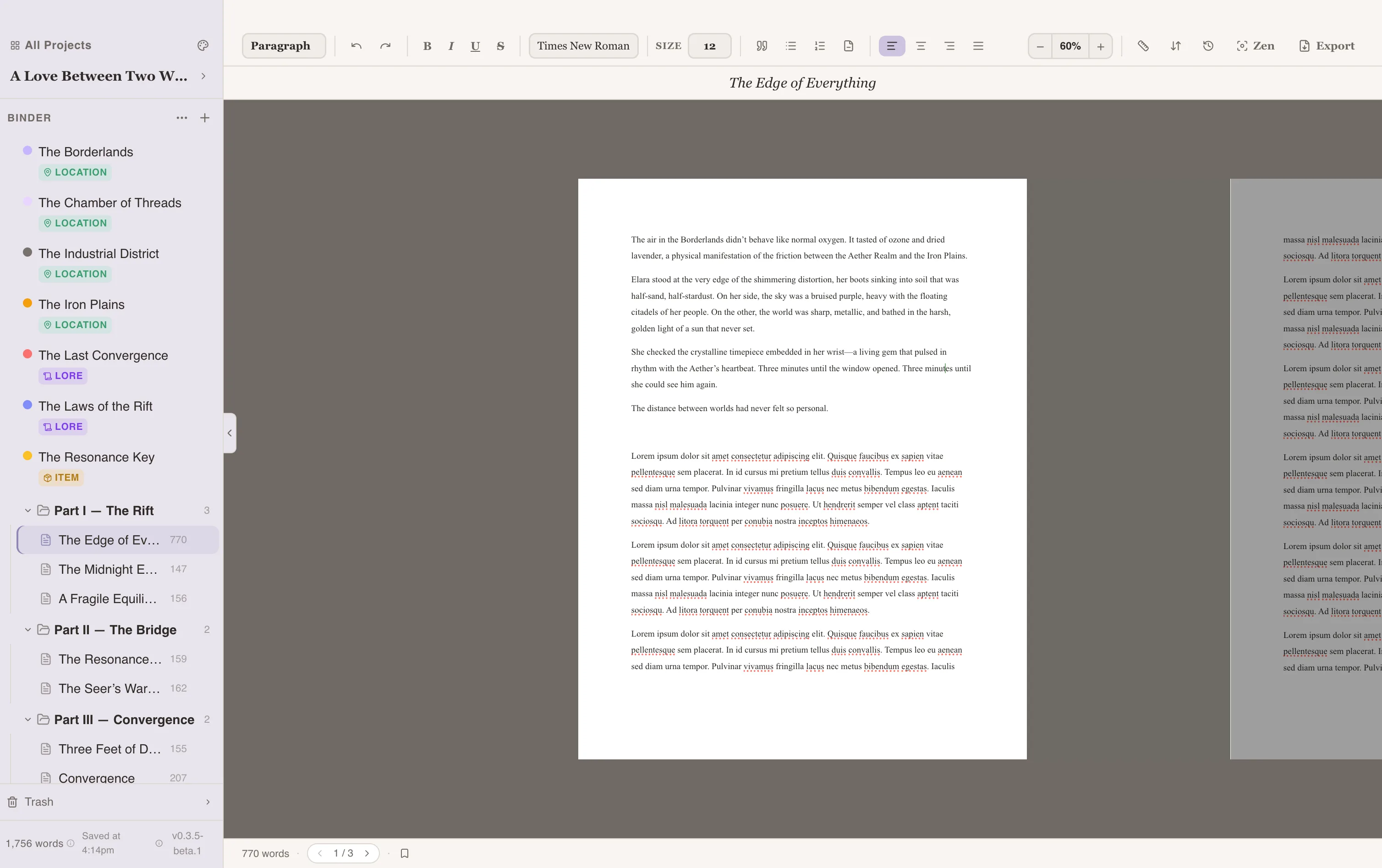 The Writefully So editor with paginated layout