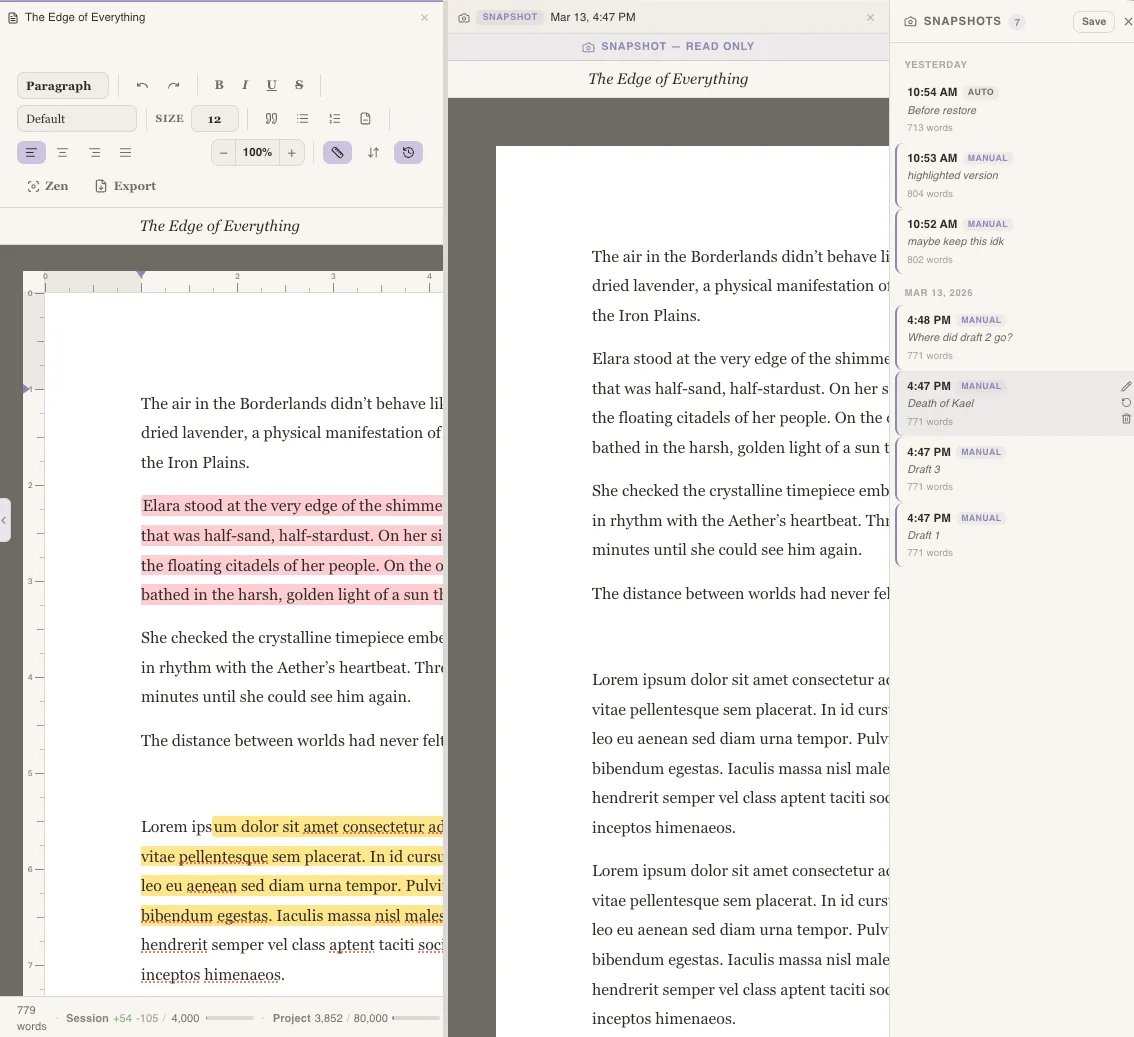 The snapshots panel showing saved chapter versions