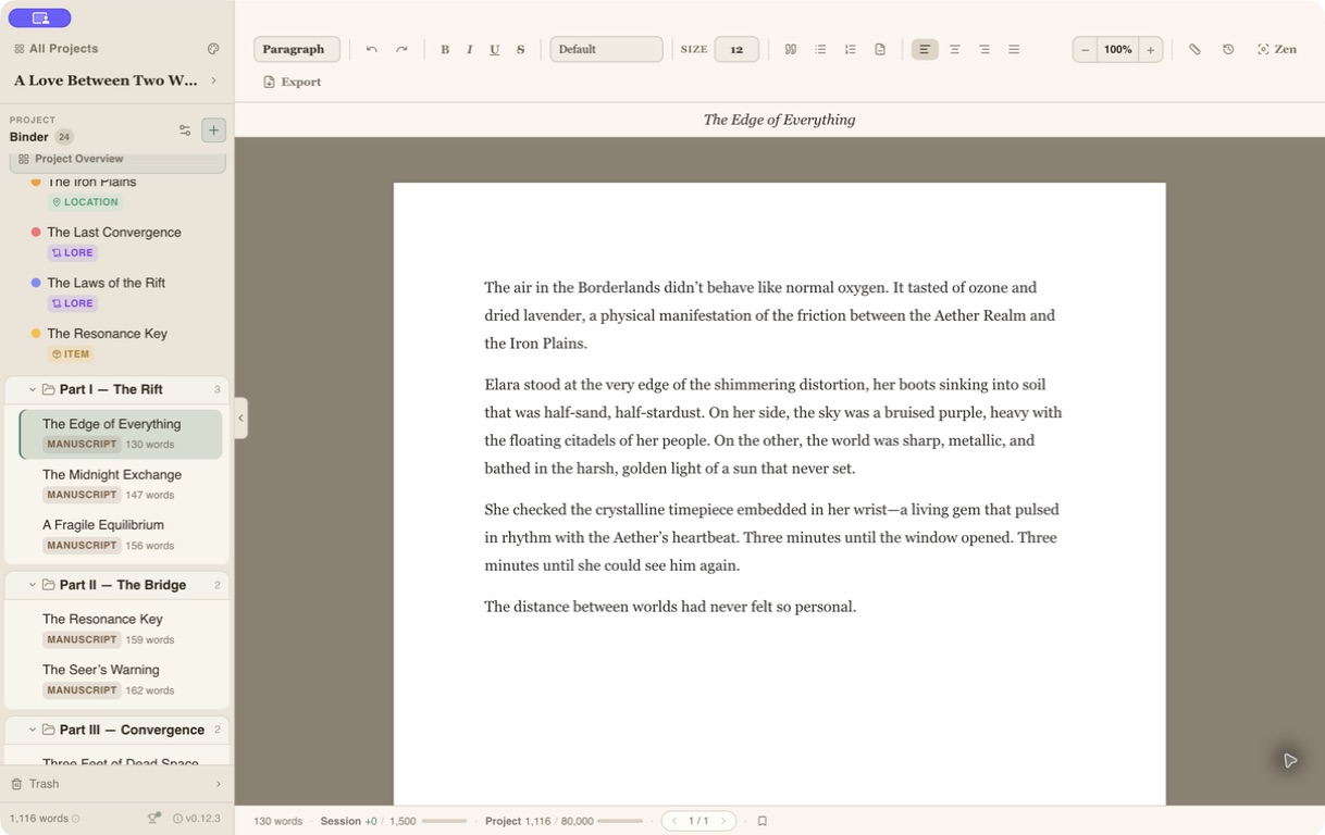 Writefully So writing editor with binder and paginated manuscript