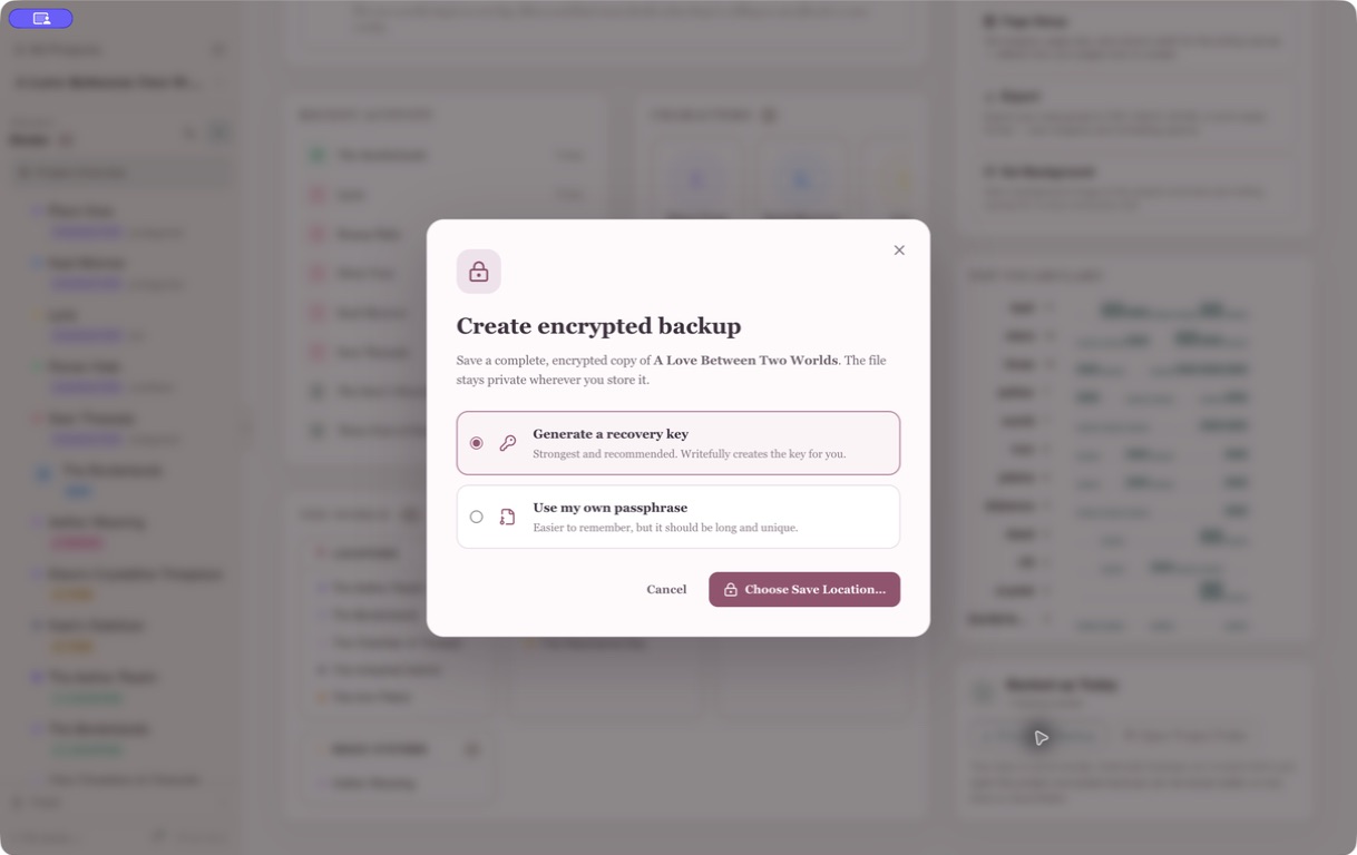 Writefully So encrypted backup dialog
